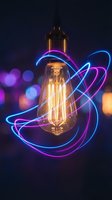 Vintage Edison bulb with glowing filament surrounded by colorful neon light trails creating dynamic energy swirls against dark background with bokeh lights.