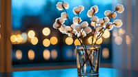 Cotton flowers in glass vase against blurred evening window with bokeh lights creating cozy atmosphere. Natural home decor with soft warm illumination.
