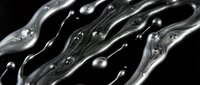 Abstract liquid mercury or silver flowing with metallic droplets and bubbles creating dynamic waves against black background for modern design projects.