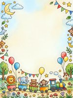 Whimsical nursery border frame with cute animals, balloons, train, and stars on isolated white background, ready for children's invitations, posters, and design projects.