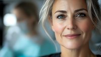 Middle-aged woman with blonde hair and fair complexion smiling at camera in professional setting with blurred background, suitable for corporate, business, and lifestyle marketing materials.