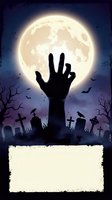 Zombie hand rising from graveyard against full moon with bats flying. Halloween horror scene with cemetery tombstones and dead trees. Blank space for text.