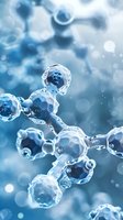 Molecular structure in blue tones with water droplets and bokeh effects showing scientific concept of chemistry, biology or medical research background.