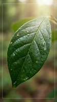 Fresh green leaf covered with morning dew drops, showcasing detailed vein texture and natural water droplets in soft sunlight for botanical and nature designs.