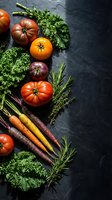 Fresh organic vegetables arranged on dark slate background with colorful heirloom tomatoes, kale, rainbow carrots and herbs for healthy cooking and nutrition.