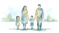 Watercolor family of four walking together in park setting with soft blue and green tones. Parents holding hands with young children for lifestyle concepts.
