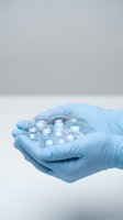 Medical professional hands in blue latex gloves holding transparent gel capsules or pills for pharmaceutical healthcare treatment and medicine concept.