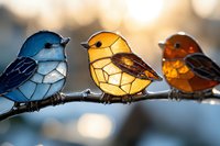 Colorful stained glass birds perched on branch against blurred bokeh background, decorative mosaic art pieces in blue, yellow and orange tones.