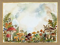 Watercolor autumn forest frame with mushrooms, ferns and berries creating decorative border for seasonal designs and nature-themed projects.