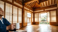 Senior man holding white mug in traditional wooden interior with paper screens and natural light, suitable for lifestyle, wellness, and home design projects.