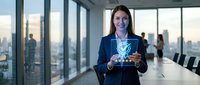 Professional businesswoman holding holographic digital globe in modern office boardroom with city skyline view for corporate technology presentations.