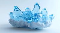 Luminous blue crystal cluster formation on white mineral base, glowing aquamarine points rising from rough crystalline structure. Natural gemstone specimen.
