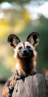 African wild dog portrait with alert ears and intense gaze, resting on weathered wood against soft bokeh background. Endangered species in natural habitat.