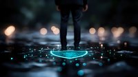 Mysterious glowing blue neon circle on wet asphalt with person standing in background. Blurred city lights create atmospheric night scene with reflective puddles.