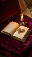 Vintage open book with love heart shadow cast by candlelight on red velvet, romantic antique atmosphere for Valentine's cards and decor.