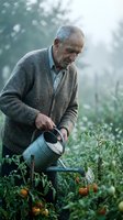 Senior Caucasian man watering tomato plants in garden with metal watering can during golden hour sunlight creating peaceful retirement lifestyle moment.