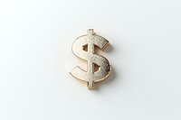 Glittering silver dollar symbol pin brooch on white background, isolated object for financial and business concept designs and jewelry accessories.