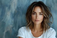 Young woman with highlighted brown wavy hair and natural makeup wearing white t-shirt against textured blue wall background, looking directly at camera with confident expression.