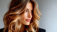 Young Caucasian woman with wavy blonde balayage hair and natural makeup wearing black blazer, looking away with gentle smile against gray background.
