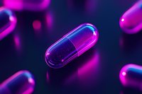 Glowing transparent medical capsule pill with pink and blue neon lighting against dark background, modern pharmaceutical concept with dramatic lighting.
