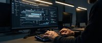 Professional trader analyzing financial data on multiple monitors in modern trading office environment with charts and graphs displayed on screens.