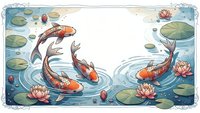 Two colorful koi fish swimming in serene pond with lily pads and lotus flowers, creating ripples in water. Peaceful aquatic scene for zen meditation designs.