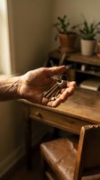Senior person holding house keys in palm at wooden table in cozy home interior with plants for real estate and property ownership concept.