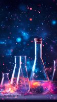 Laboratory glassware with glowing pink liquid against dark background with magical blue and red bokeh lights, creating mystical scientific atmosphere.