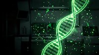Glowing green DNA double helix structure with luminous particles in dark laboratory setting for biotechnology and genetic research presentations.