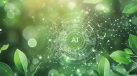 Green technology concept with AI symbol surrounded by digital network connections and fresh leaves on blurred bokeh background for eco-friendly innovation designs.