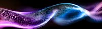 Glowing particle wave with blue and purple light streams flowing on black background, abstract digital art visualization for technology concept.