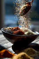 Aromatic spices falling from metal spoon into dark ceramic bowl, dynamic food photography with floating particles and seasonings on rustic wooden surface.