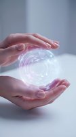 Hands holding glowing digital sphere with purple light effect, representing technology, innovation, and future concepts for business and digital transformation projects.