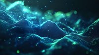 Glowing turquoise and blue waves of digital particles flow through dark space creating abstract network visualization with bokeh light effects and depth of field.