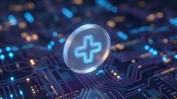 Digital healthcare technology concept with glowing medical cross symbol on futuristic circuit board background for telemedicine and health tech applications.