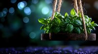 Fresh basil plant growing in rustic wooden hanging planter with rope against blurred bokeh background in blue and green tones, garden decoration.