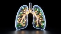 Glowing human lungs with green leaves and light effects on black background, medical concept showing connection between nature and respiratory health.