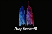 Twin towers silhouette in blue and pink neon glow effect against black background with memorial message, artistic tribute representation.