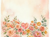 Watercolor floral border with pink heart, roses and ranunculus on textured paper background for romantic wedding invitations and greeting cards.