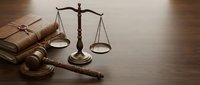 Legal justice concept with wooden gavel and brass scales on polished desk for law firm branding and attorney services marketing materials.