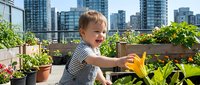 Young toddler boy in striped shirt exploring yellow flower on urban rooftop garden with city skyline and potted plants in background.