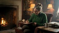 Young blonde woman in green sweater writing in notebook by cozy fireplace in comfortable armchair with warm lighting and coffee cup creating peaceful home atmosphere.