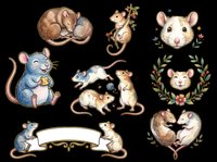 Cute watercolor mice clipart set isolated on transparent background, ready for stickers, t-shirt design, print on demand, sublimation, and scrapbooking projects.