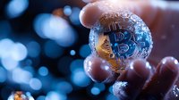 Glowing cryptocurrency coin held between fingers against blurred blue bokeh background, creating magical financial technology atmosphere.