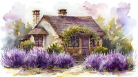 Charming countryside cottage with stone walls and wooden door surrounded by blooming lavender garden against watercolor sky background.