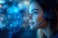 Young female customer service representative with headset against futuristic digital interface with glowing blue holographic elements and network connections.