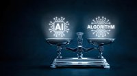 Vintage balance scale weighing AI versus algorithm concepts with glowing neon symbols on dark blue background for technology comparison presentations.