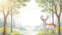 Majestic stag with antlers standing in peaceful forest clearing with tall trees, soft sunlight filtering through leaves creating serene woodland scene.