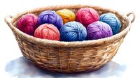 Colorful yarn balls in woven basket, bright wool skeins in rainbow colors for knitting and crochet projects, craft supplies on white background.