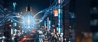 Digital brain with glowing neural networks floating above futuristic city skyline at night, representing artificial intelligence and smart technology concepts.